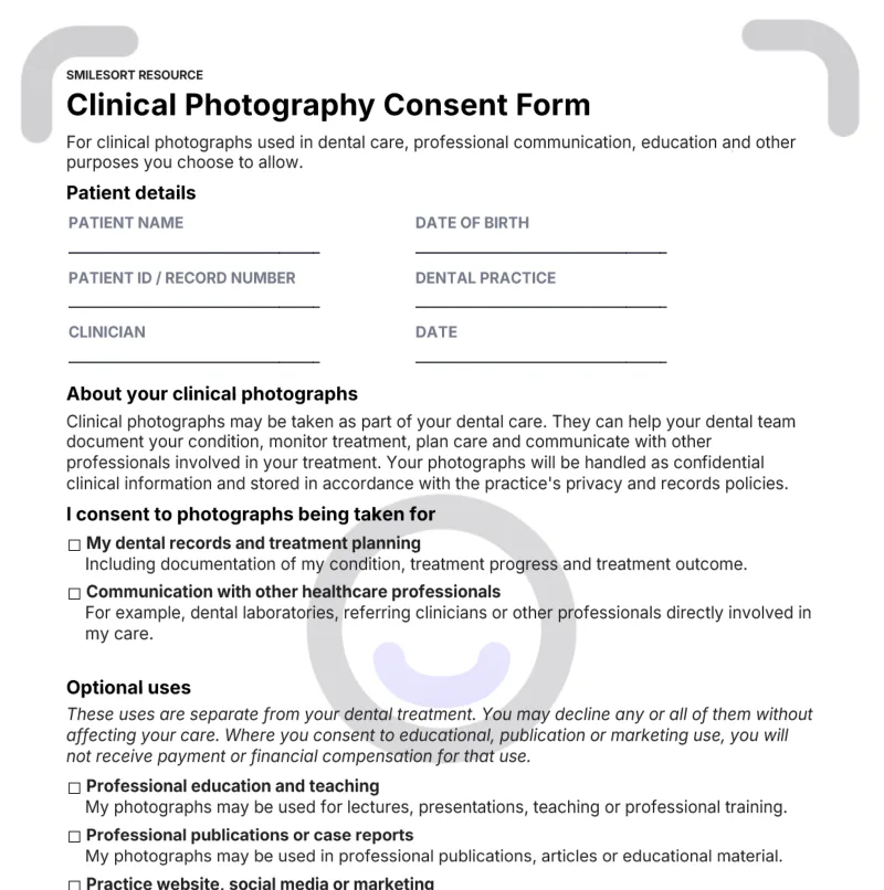 The top of the Clinical Photography Consent Form